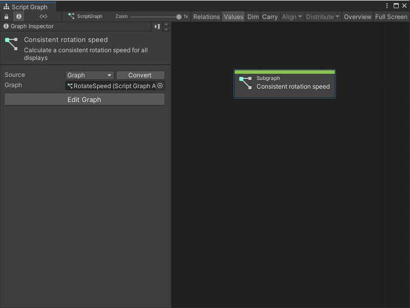 An image of the Graph window that displays a new Subgraph node created from an existing Script Graph added to another Script Graph file