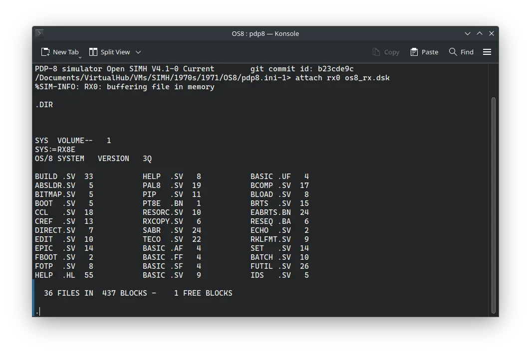 SIMH PDP-8 emulator with ! OS/8