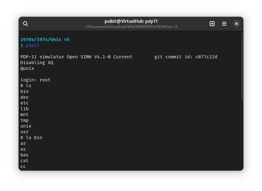 SIMH PDP-11 emulator with ! Unix v5