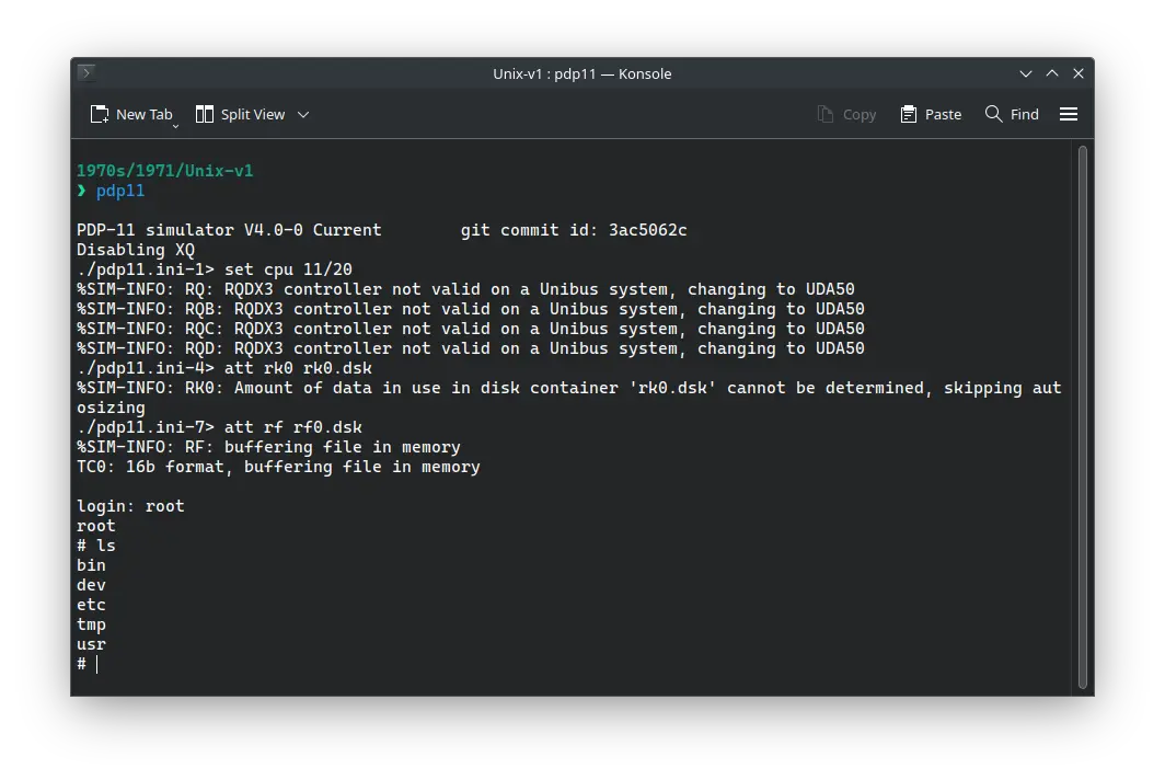 SIMH PDP-11 emulator with ! Unix v1