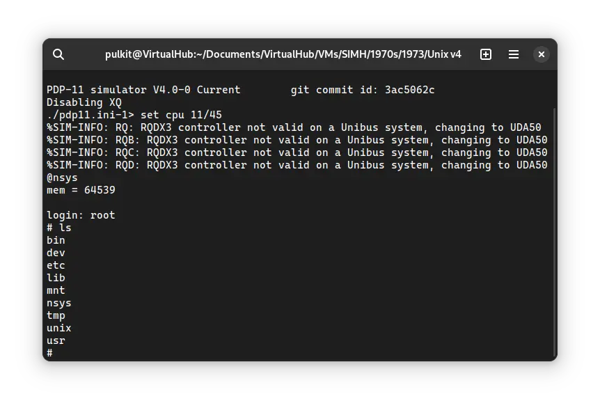 SIMH PDP-11 emulator with ! Unix v4