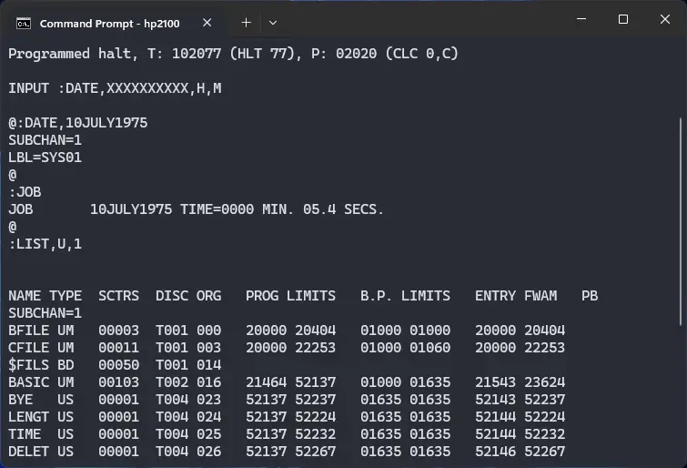 SIMH HP 2100 emulator with ! HP 2100 DOS-III