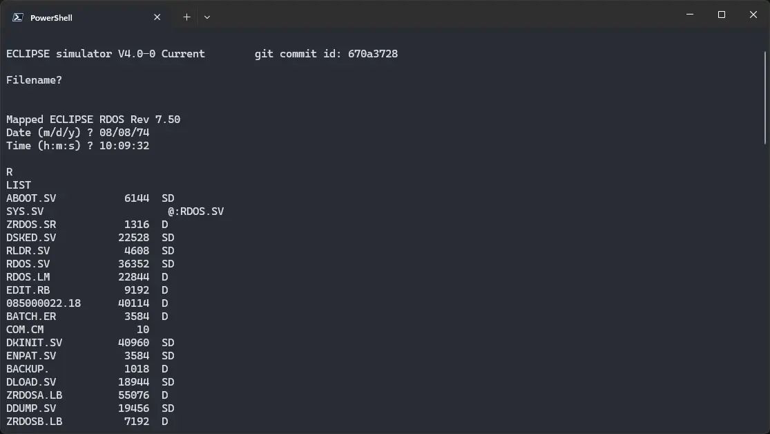 SIMH Eclipse emulator with ! Nova RDOS