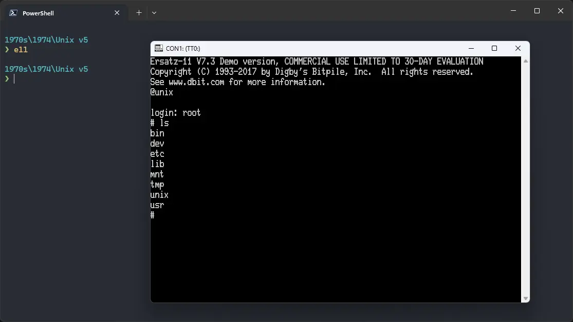 Ersatz-11 PDP-11 emulator with ! Unix v5