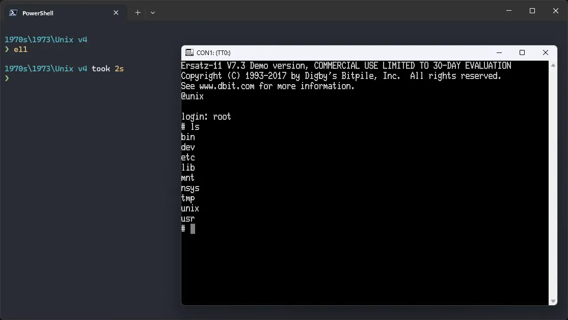 Ersatz-11 PDP-11 emulator with ! Unix v4