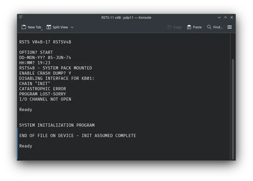 SIMH PDP-11 emulator with ! RSTS-11 v4B