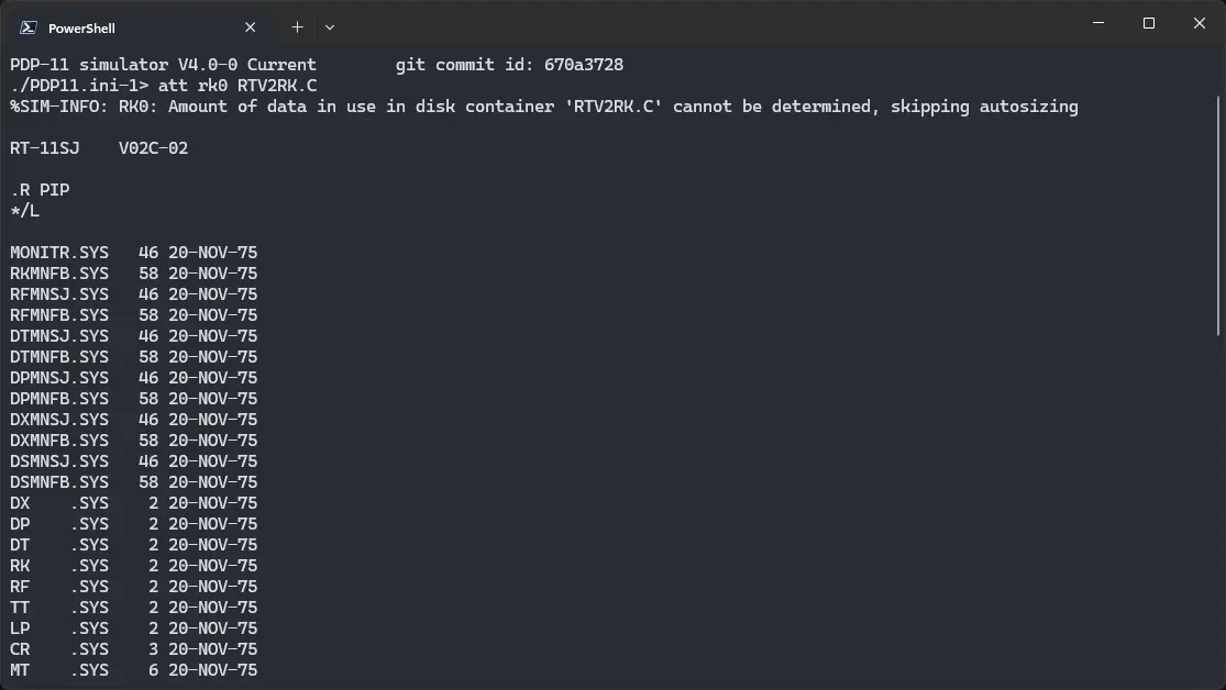 SIMH PDP-11 emulator with ! RT-11 v2