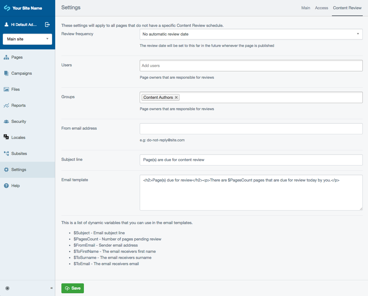 SiteConfig settings