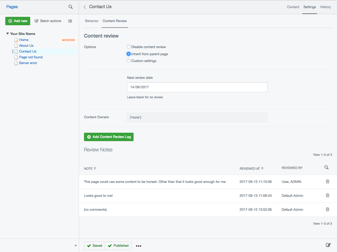 Page content review settings