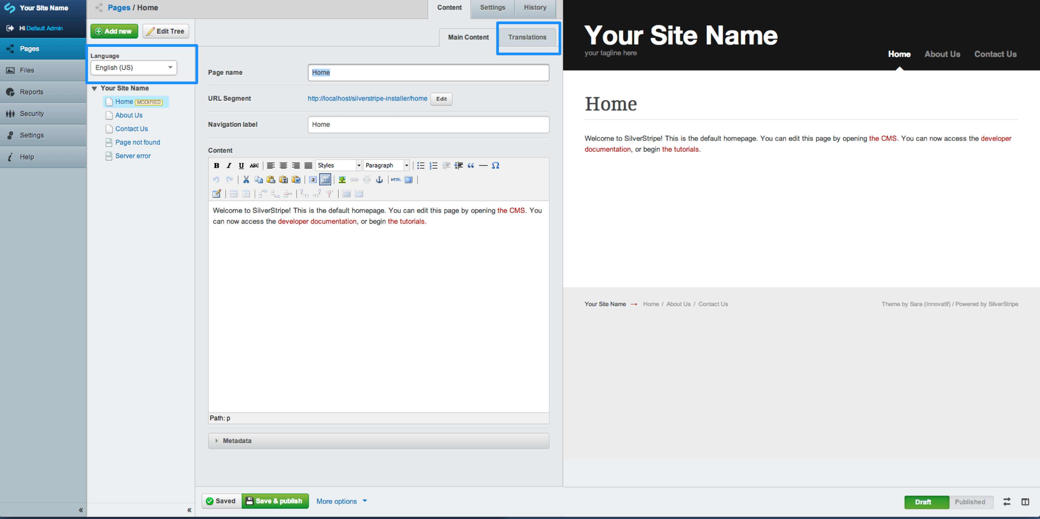 Translatable Default Pages Form