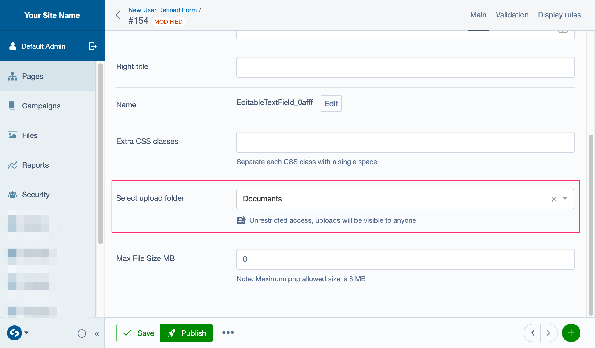 Changing a File Upload Fields folder location on an individual field