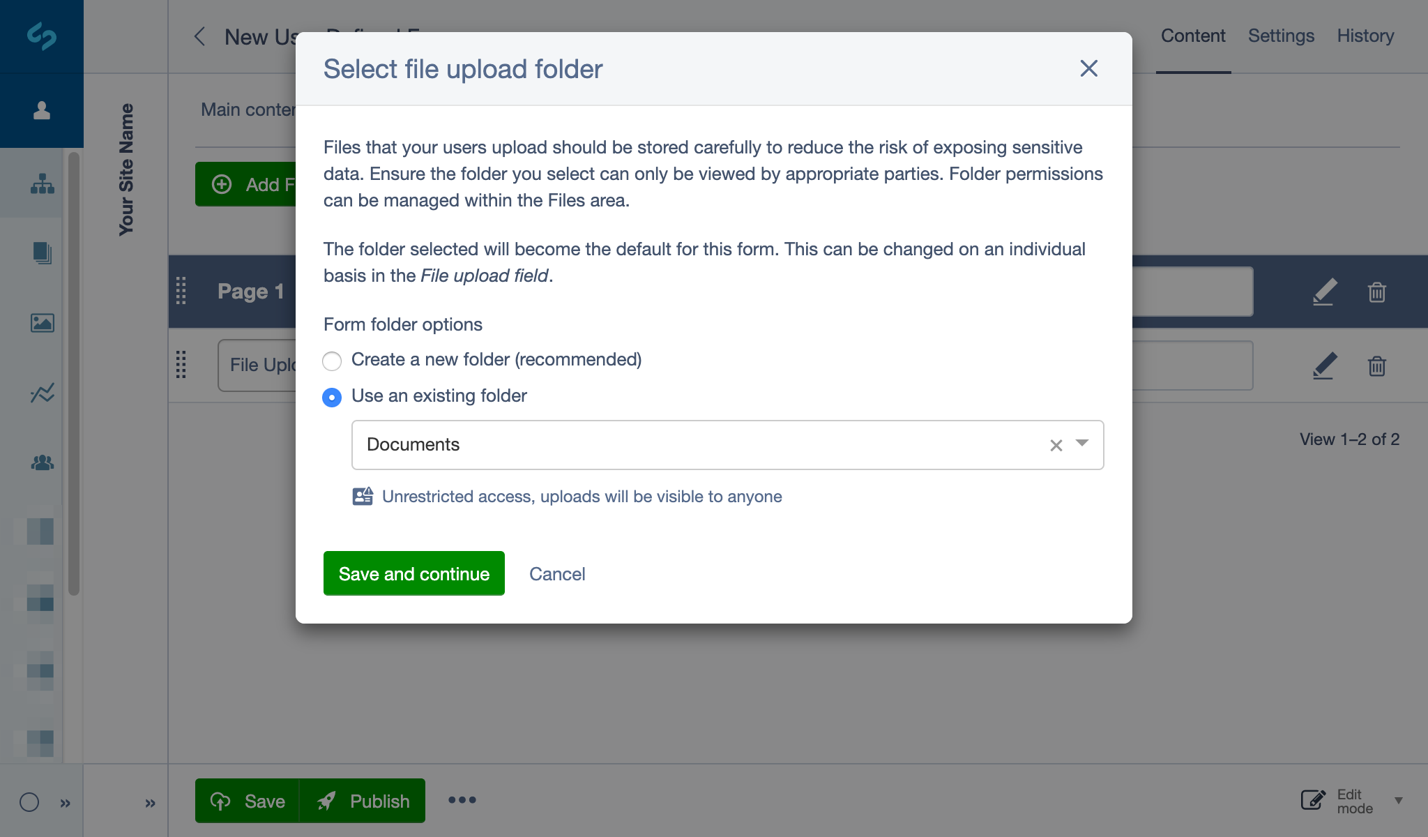 Use existing folder option